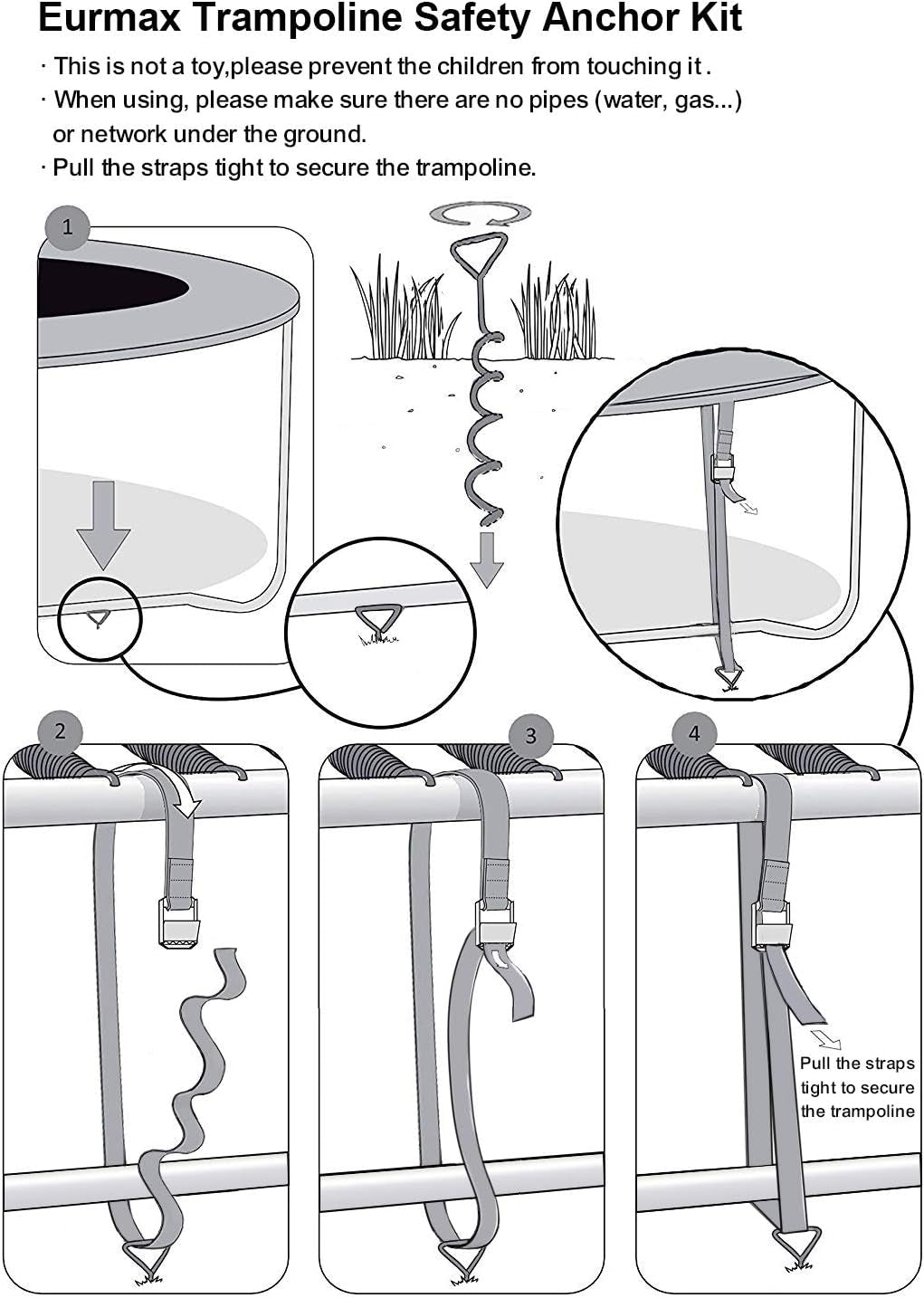 USA Windproof Trampoline Stakes Anchor Kit-4Pcs Steel Corkscrew Anchor,Heavy Duty Tie down Kit with T-Hook&Reinforced Safety Straps,Secure Weatherproof Protection for Trampolines,Tents&Playsets
