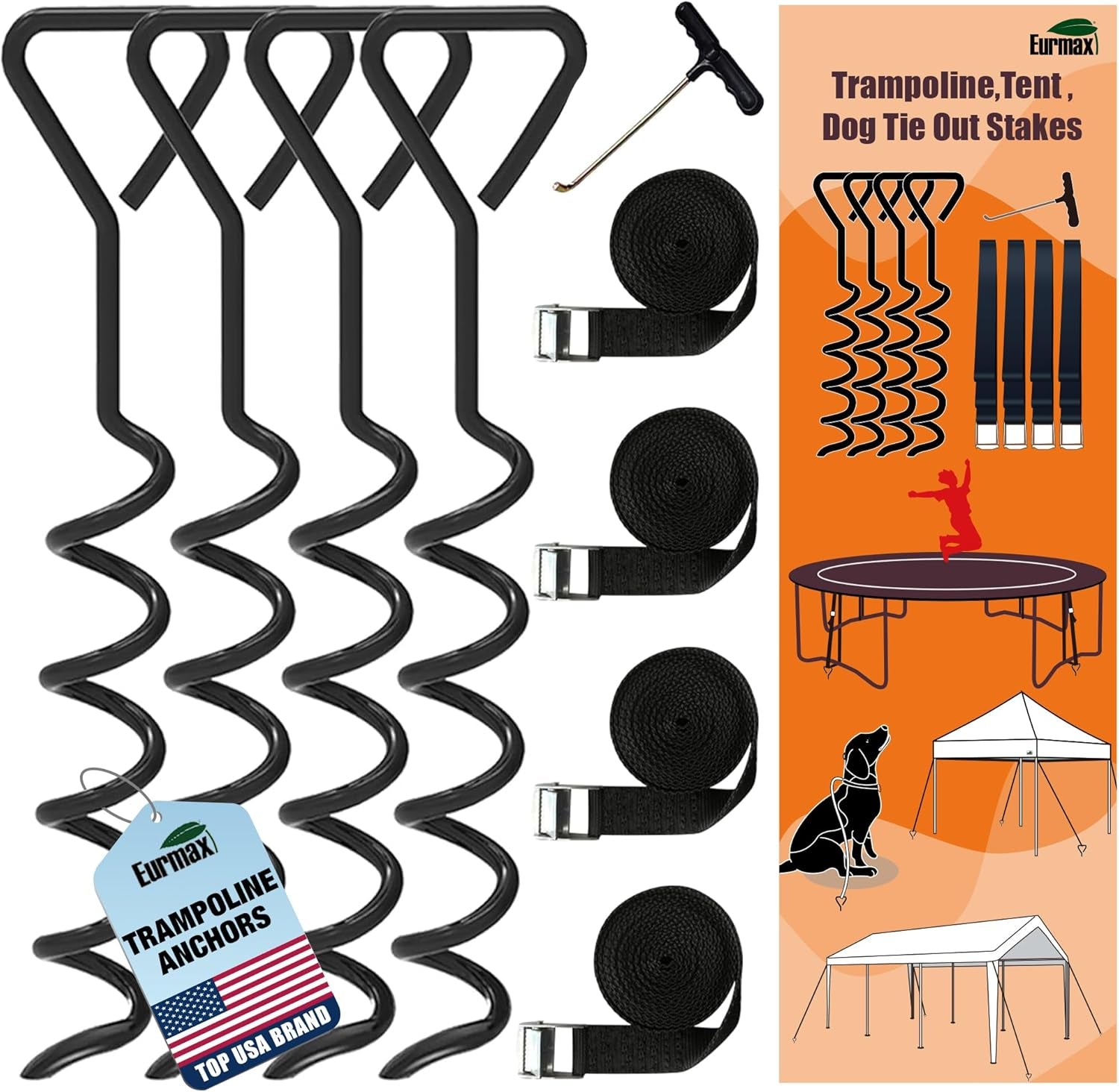 USA Windproof Trampoline Stakes Anchor Kit-4Pcs Steel Corkscrew Anchor,Heavy Duty Tie down Kit with T-Hook&Reinforced Safety Straps,Secure Weatherproof Protection for Trampolines,Tents&Playsets